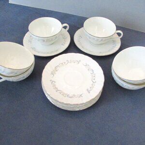 Camelot China set of 6 cups & saucers porcelain white blue silver trim Vtg
